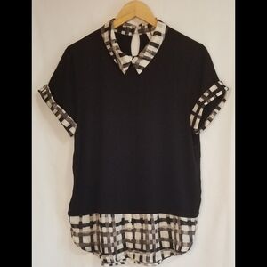 Elle Black And White Short-Sleeve Tunic with Plaid Trim Size Large